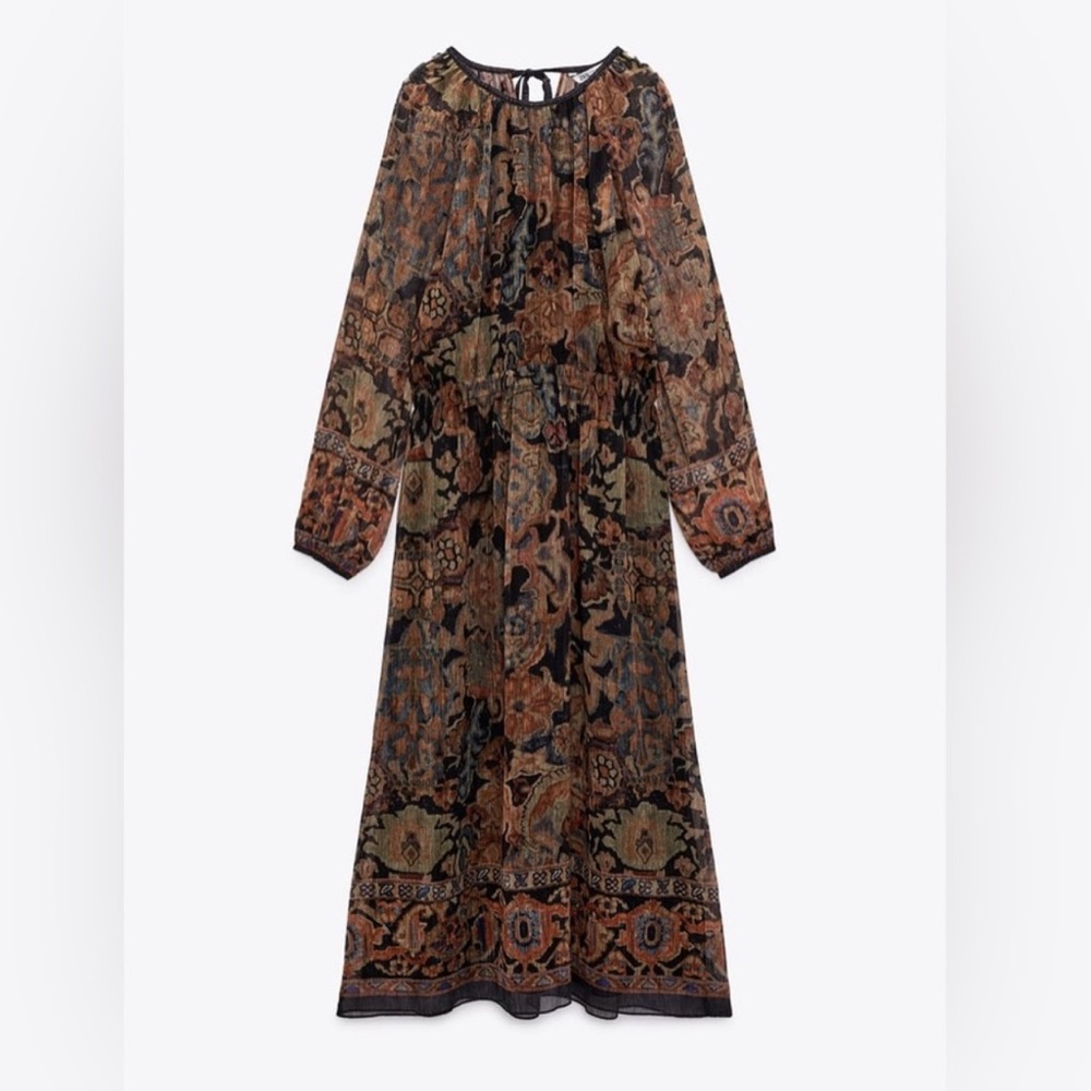 Zara Long Sleeve Floral Paisley Maxi Dress in Black, Brown and Olive